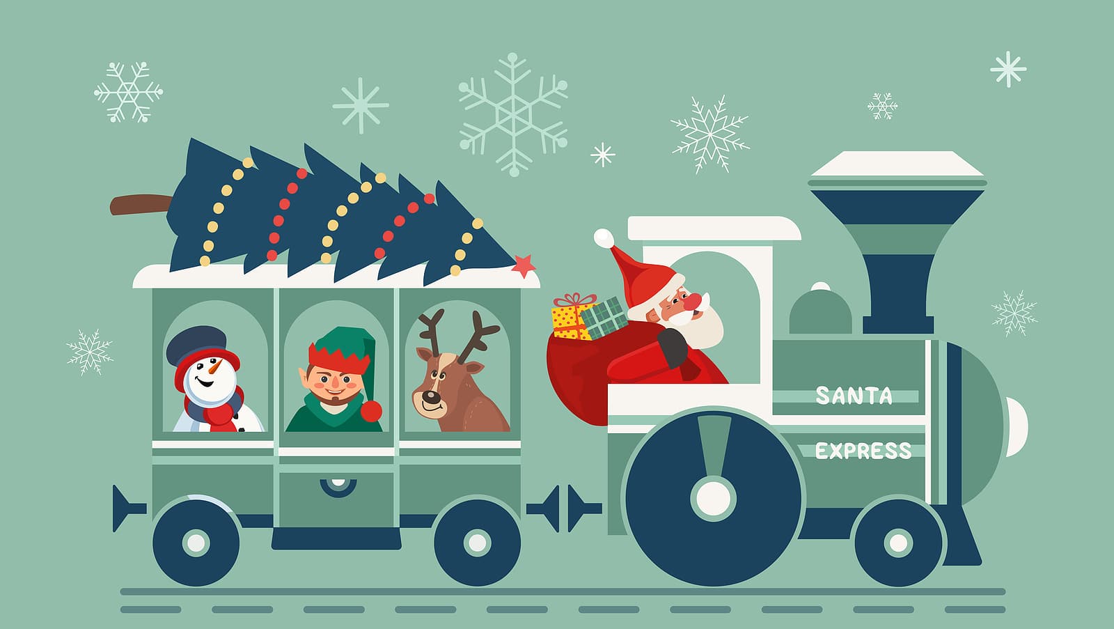 Happy Holiday Santa Train Party Vector Poster. Comic Steam Christmas Polar Express Cartoon. Santa Wi A digital illustration of Santa driving a train with a reindeer, an elf and a snowman riding in the caboose. The words "Santa Express" written on the side.